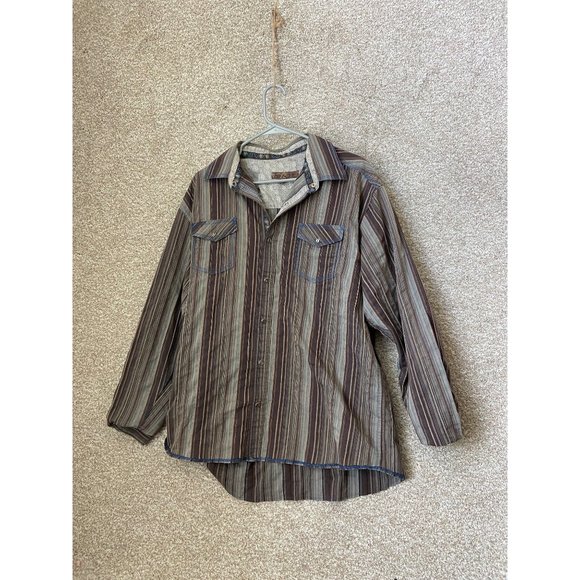 Blue Pronto Uomo Men’s Long Sleeve Button Up Brown Down Striped Shirt Size XL - Picture 1 of 6